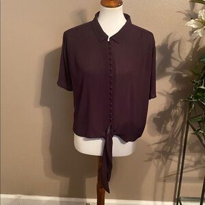 Brown Button-Down Tie-Front Blouse